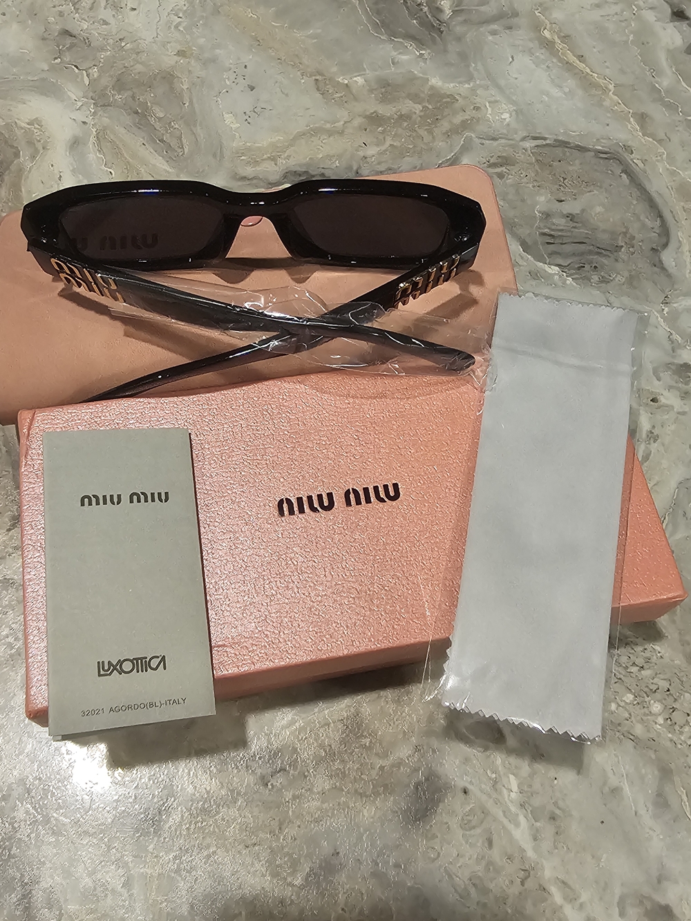Miu Miu Black Rectangle Sunglasses with Gold Logo Accent - Picture 3 of 7